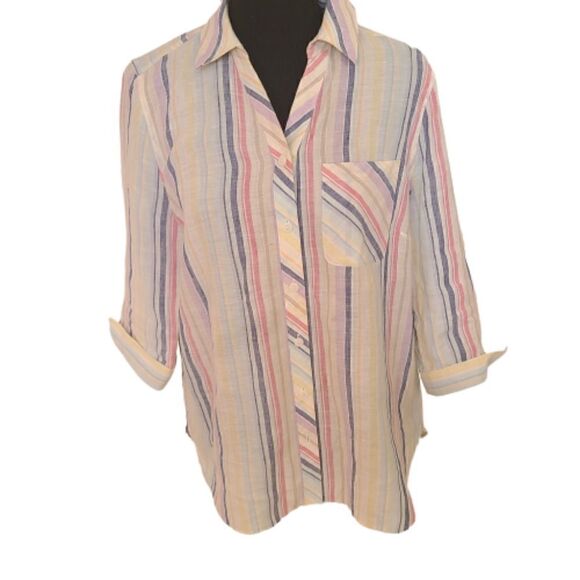 Chico's No Iron Linen Striped Blouse Top - Picture 1 of 9